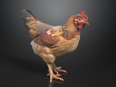 Colorful Chicken With Red Comb Brown Feathers And Standing Posture On Dark Background 3d model