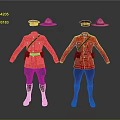 Red Uniforms with Blue Pants Yellow Stripes Brown Belt Boots and Black Brown Hats