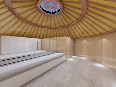 Traditional Yurt Interior With Circular Yellow Wooden Roof Decorative Skylight And Wooden Cabinets 3d model