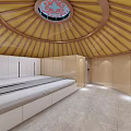 Traditional Yurt Interior With Circular Yellow Wooden Roof Decorative Skylight And Wooden Cabinets