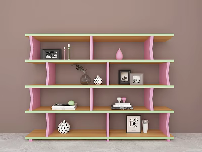 Pink and Green Bookshelf with Wooden Shelves Photo Frames Vases and Books 3d model