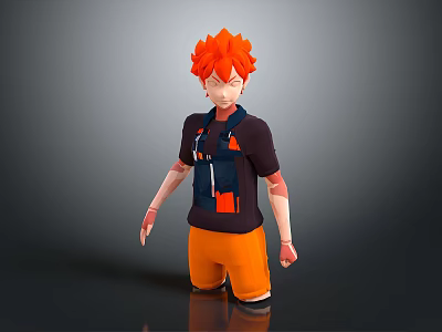 3D Rendered Game Character With Orange Hair Dark Shirt And Orange Pants 3d model