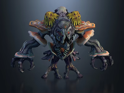 Game Movie Monster Character With Multiple Heads Colorful Fungal Elements And Tentacle Limbs 3d model