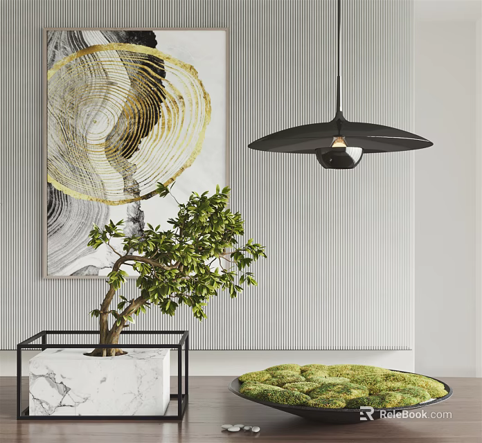 Bonsai Plant Modern Interior On Black Marble Base With Striped Wall And Black Pendant Light 3d model 