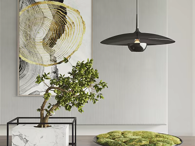 Bonsai Plant Modern Interior On Black Marble Base With Striped Wall And Black Pendant Light 3d model