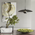 Bonsai Plant Modern Interior On Black Marble Base With Striped Wall And Black Pendant Light