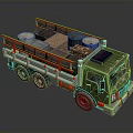 Green Truck with Red Railings in Cargo Bed Loaded with Oil Drums and Wooden Crates 3d model
