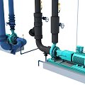 Industrial Equipment System With Blue And Black Pumps Pipes And Concrete Bases