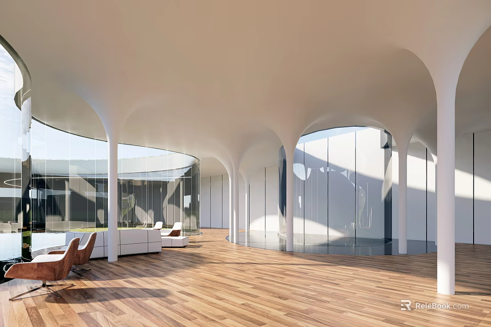 Modern Leisure Area Interior With Arched Columns Large Windows Wooden Floors And Comfortable Seating 3d model 
