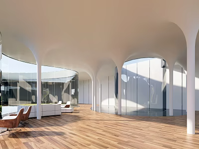 Modern Leisure Area Interior With Arched Columns Large Windows Wooden Floors And Comfortable Seating 3d model