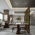 Modern Banquet Hall Interior With Dining Tables Chairs And Elegant Ceiling Design 3d model
