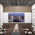 Modern Tea Room Interior With Long Table Chairs Graffiti Whiteboard And Cityscape Paintings
