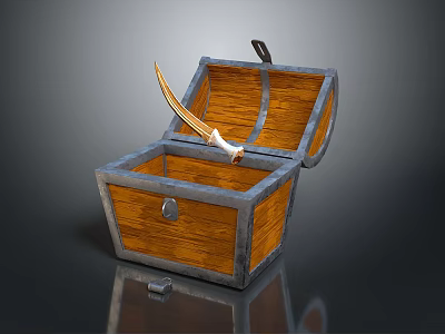 Vintage Open Wooden Chest With Curved Sword Inside And Metal Edges 3d model