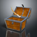 Vintage Open Wooden Chest With Curved Sword Inside And Metal Edges
