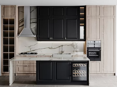 Modern Kitchen With Black And Light Wood Cabinets Marble Countertop And Island 3d model