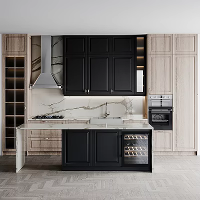 Modern Kitchen With Black And Light Wood Cabinets Marble Countertop And Island 3d model