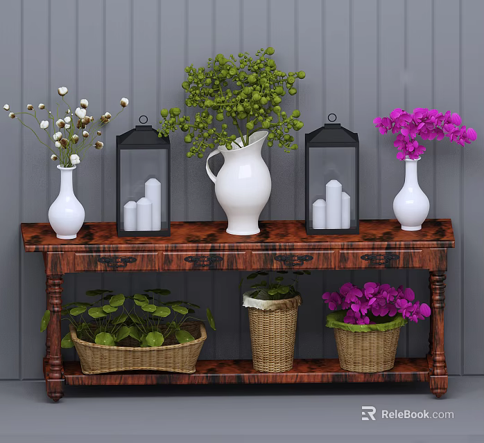 Wooden Console Table with Vases Green Plants Lantern Decor and Baskets 3d model 