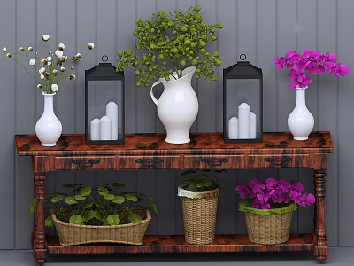 Wooden Console Table with Vases Green Plants Lantern Decor and Baskets 3d model