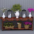 Wooden Console Table with Vases Green Plants Lantern Decor and Baskets