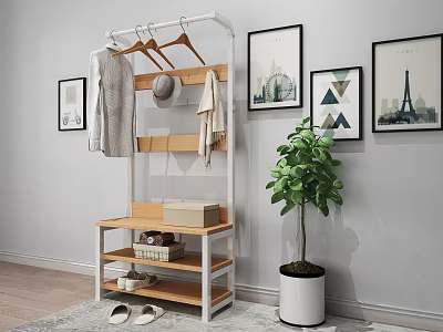 Modern Shoe Cabinet With Hanging Hooks Wooden Shelves Slippers Potted Plant And Decorative Wall Art 3d model