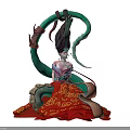 Game and Movie Character With Fantasy Design Elaborate Headdress Green Tentacle Accessories Red Patterned Dress