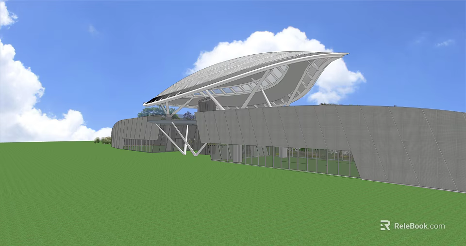 Modern Architectural Structure With Unique Curved Roof Grey Walls Glass Panels And Green Lawn 3d model 