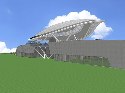 Modern Architectural Structure With Unique Curved Roof Grey Walls Glass Panels And Green Lawn 3d model