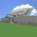 Modern Architectural Structure With Unique Curved Roof Grey Walls Glass Panels And Green Lawn