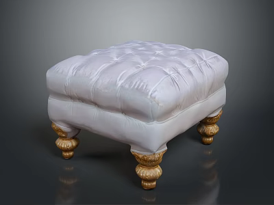 Elegant White Upholstered Ottoman With Gold Carved Legs And Tufted Top 3d model