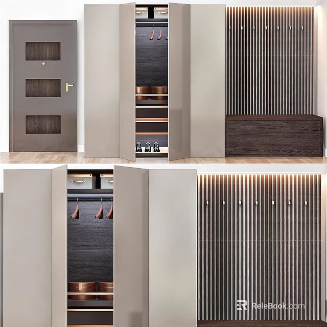 Modern Dark Wooden Chest of Drawers With Copper Handles And Vertical Stripes 3d model 