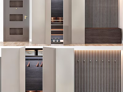 Modern Dark Wooden Chest of Drawers With Copper Handles And Vertical Stripes 3d model