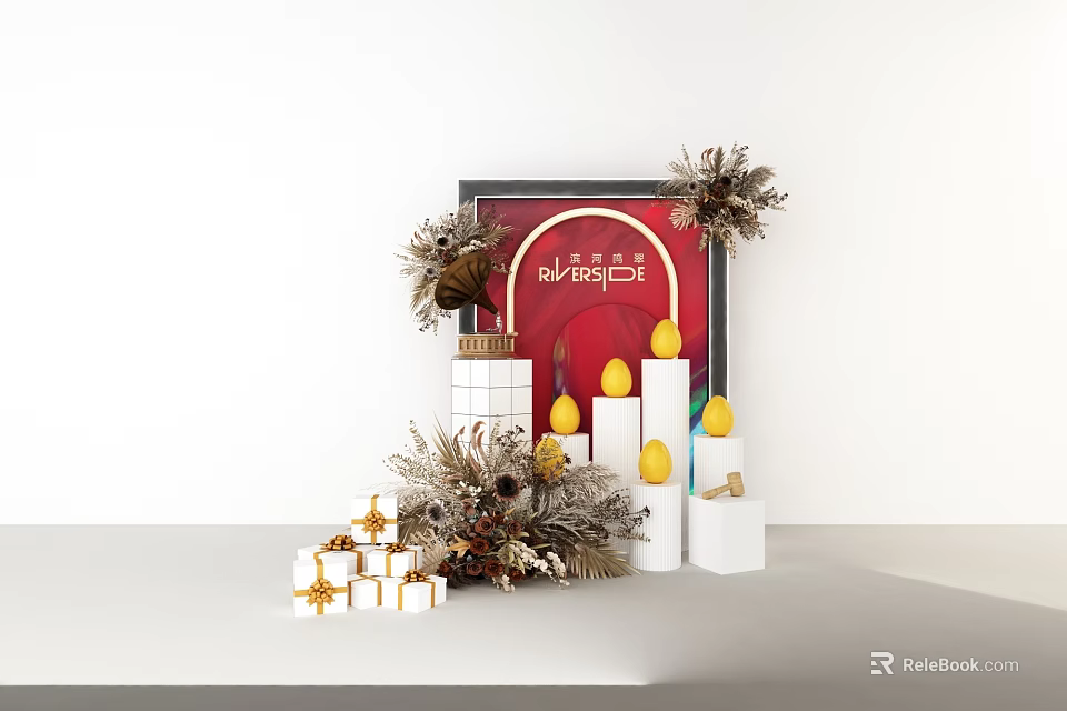 Akagi Themed Festive Decoration Display With Red Background Gift Boxes Candles And Dried Flowers 3d model 