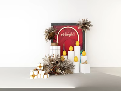 Akagi Themed Festive Decoration Display With Red Background Gift Boxes Candles And Dried Flowers 3d model