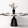 Round Dining Table with Marble Patterned Surface Black Vase Red White Flowers and Tea Sets 3d model