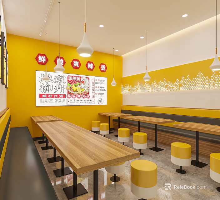Bright Yellow Themed Restaurant Interior With Long Wooden Tables And Yellow Stools 3d model 