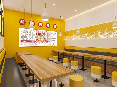 Bright Yellow Themed Restaurant Interior With Long Wooden Tables And Yellow Stools 3d model