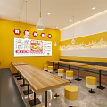 Bright Yellow Themed Restaurant Interior With Long Wooden Tables And Yellow Stools
