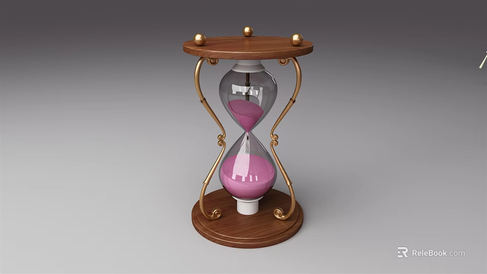 Decorative Ornament Set With Wooden Base Hourglass Pink Sand And Gold Accents 3d model 
