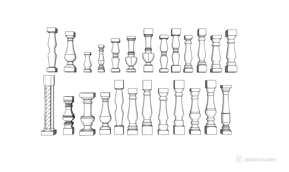 Various Decorative Balustrade Designs Featuring Different Column Styles And Patterns 3d model