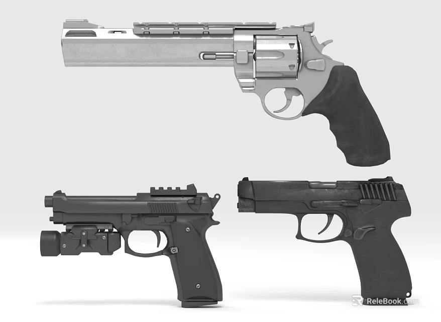 Various Types of Handguns Including Revolver and Semi Automatic Pistols 3d model 