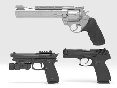 Various Types of Handguns Including Revolver and Semi Automatic Pistols 3d model