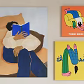 Colorful Wall Art Collection Featuring Person Reading Book And Cartoon Paintings