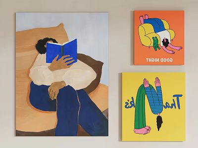 Colorful Wall Art Collection Featuring Person Reading Book And Cartoon Paintings 3d model