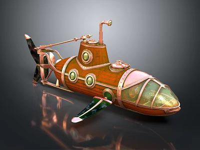 Vintage Wooden Copper Submarine With Circular Windows And Glass Cockpit Design 3d model