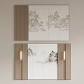 Traditional Chinese TV Cabinet Interior Design With Landscape Painting Panels And Wooden Frame Lighting