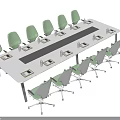 Modern Office Conference Table With Green And Gray Swivel Chairs And Water Bottles