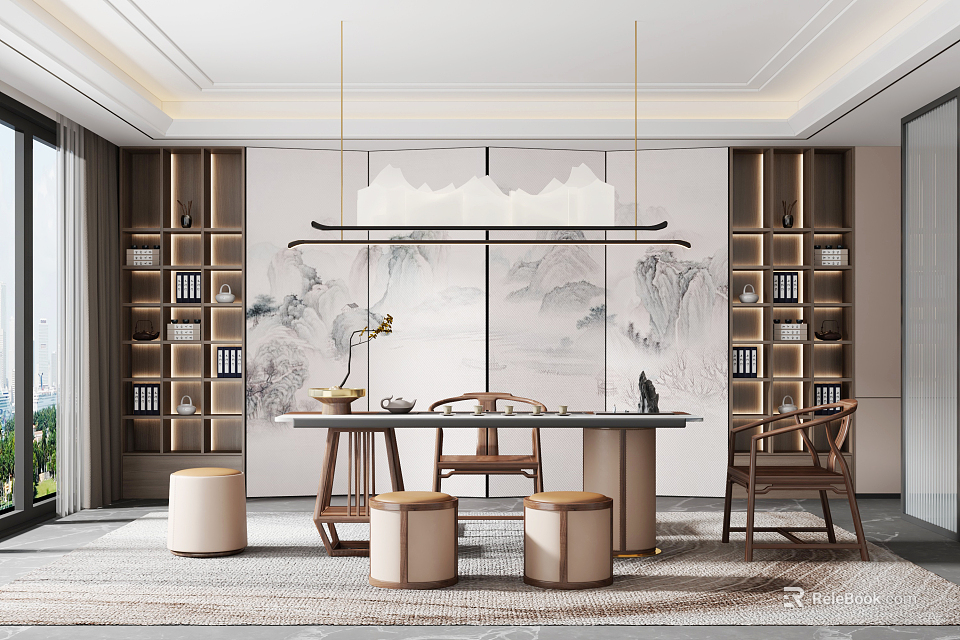 Chinese Style Tea Room With Mountain Landscape Painting Wooden Table Chairs And Storage Cabinets 3d model 