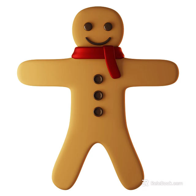 Gingerbread Man With Yellow Body Black Eyes Smiling Mouth Red Scarf And Three Black Buttons 3d model 