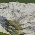 Natural Garden Landscape With Snow Capped Peaks Valley And River