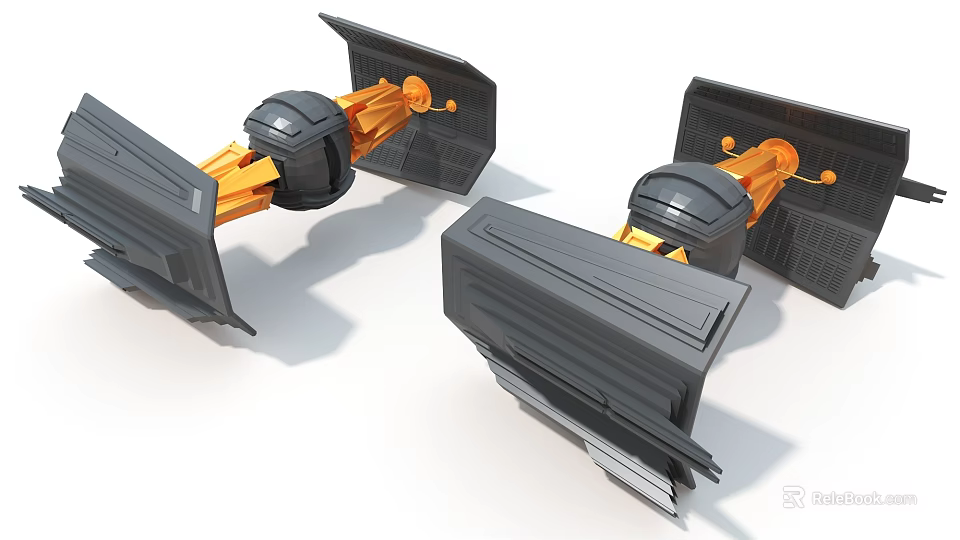 3D Rendered Modern Art Installation With Black Orange Geometric And Mechanical Design 3d model 